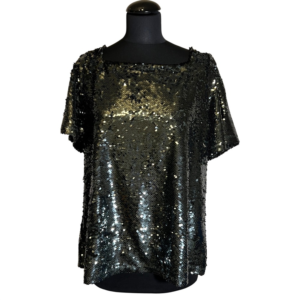 Ann Taylor Sequin Short Sleeve Boat Neck Top in Dark Green, Women's Size Large - Picture 1 of 10